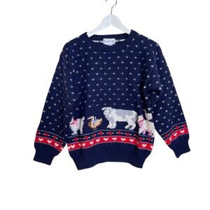 Vintage 80s DEANS of Scotland Sz S Blue Animal Hearts 100% Wool Novelty Sweater